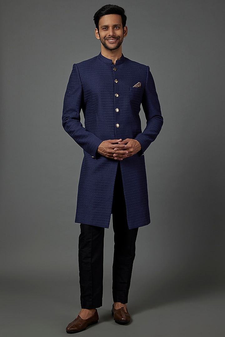 Blue Cotton Silk Wedding Sherwani Set by Darshika at Pernia's Pop Up Shop