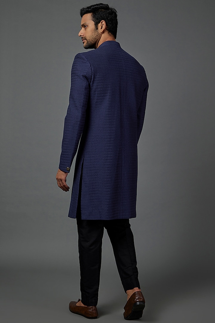 Blue Cotton Silk Wedding Sherwani Set by Darshika at Pernia's Pop Up Shop