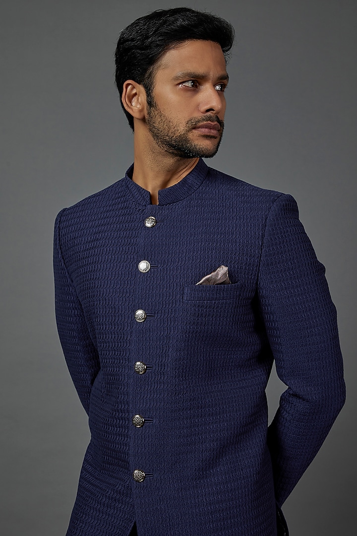 Blue Cotton Silk Wedding Sherwani Set by Darshika at Pernia's Pop Up Shop