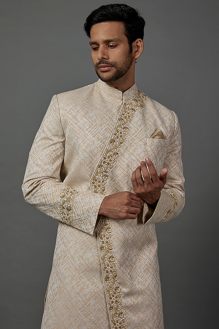 Beige Embroidered Wedding Indowestern Set by Darshika at Pernia's Pop Up Shop