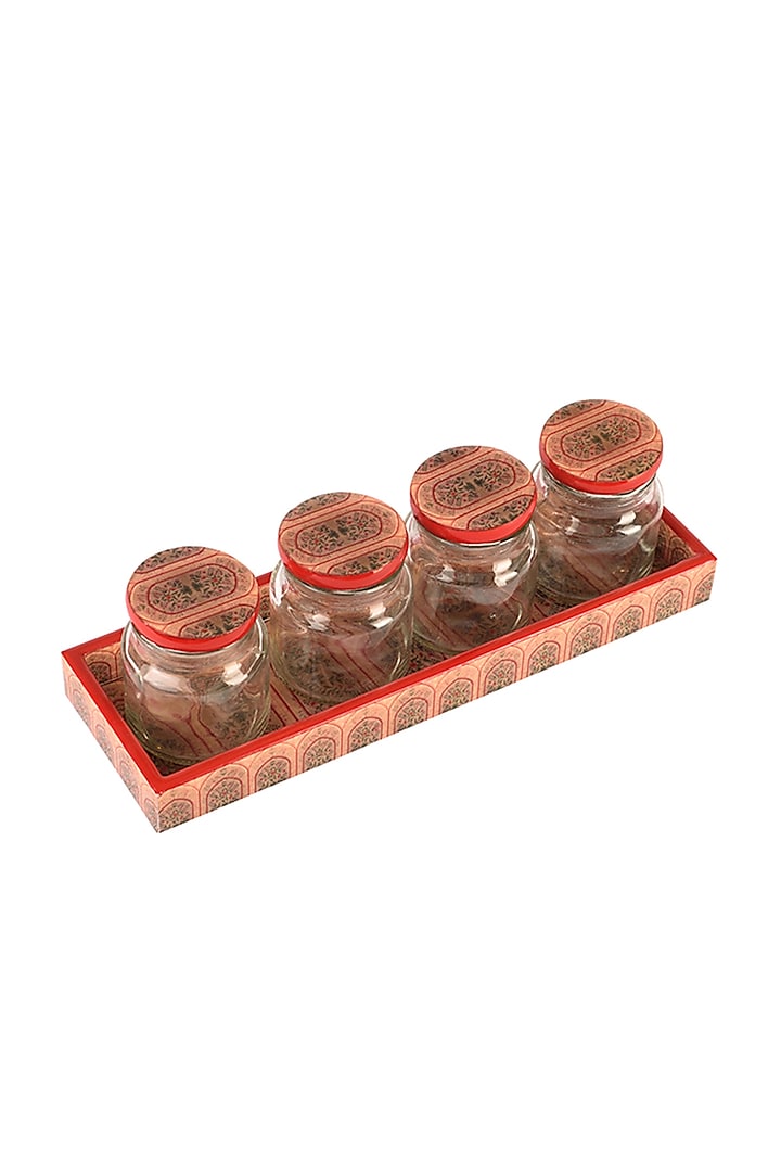 Red Mughal Motif Jar and Tray Set (Set of 5) by Artychoke