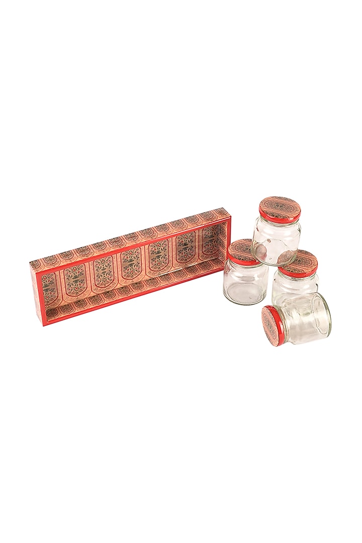 Red Mughal Motif Jar and Tray Set (Set of 5) by Artychoke at Pernia's Pop Up Shop