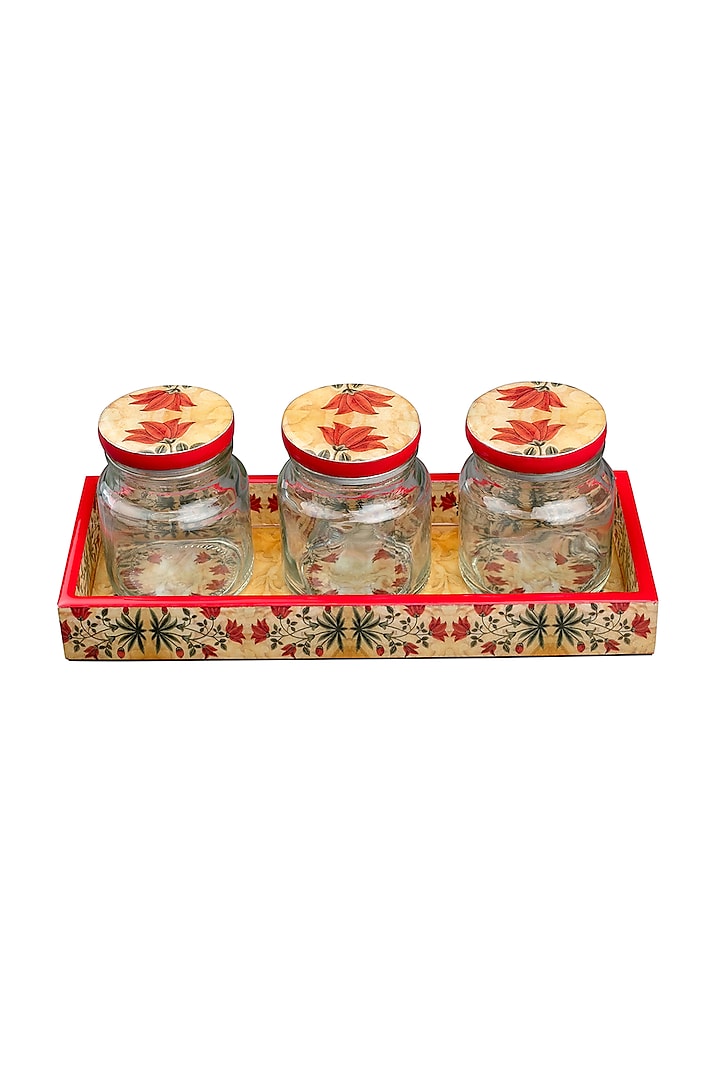 Red Motif Jar and Tray Set (Set of 4) by Artychoke