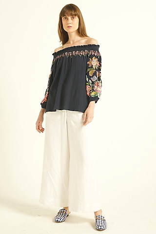Blue Embroidered Off-Shoulder Top by Dash and Dot