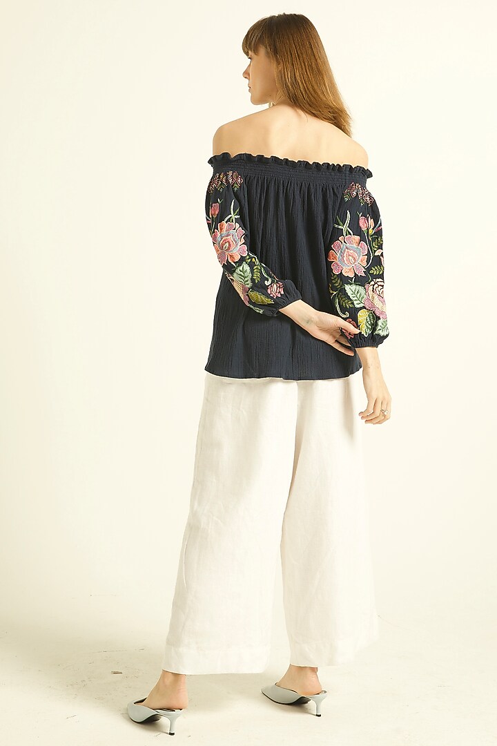 Blue Embroidered Off-Shoulder Top by Dash and Dot at Pernia's Pop Up Shop