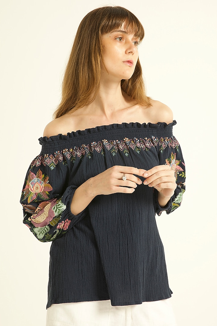 Blue Embroidered Off-Shoulder Top by Dash and Dot at Pernia's Pop Up Shop