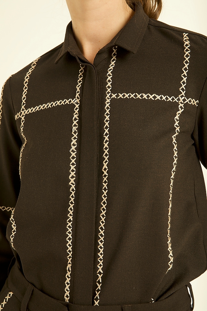 Brown Shirt With Cross Stitch Detailing by Dash and Dot at Pernia's Pop Up Shop
