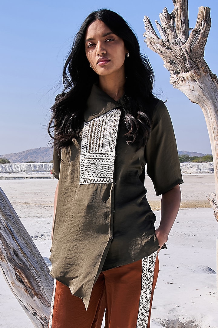 Olive Green Polyester Embroidered Shirt by Dash and Dot