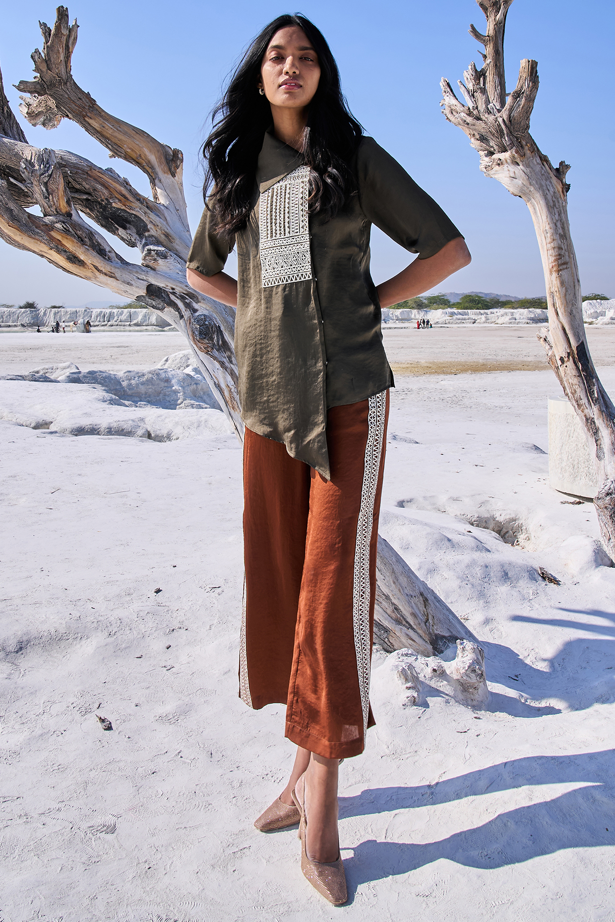 Olive Green Polyester Gota Embroidered Co-Ord Set by Dash and Dot at Pernia's Pop Up Shop