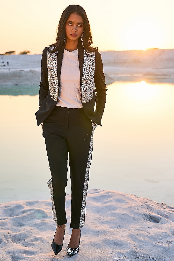 Black Suiting Embroidered Blazer by Dash and Dot