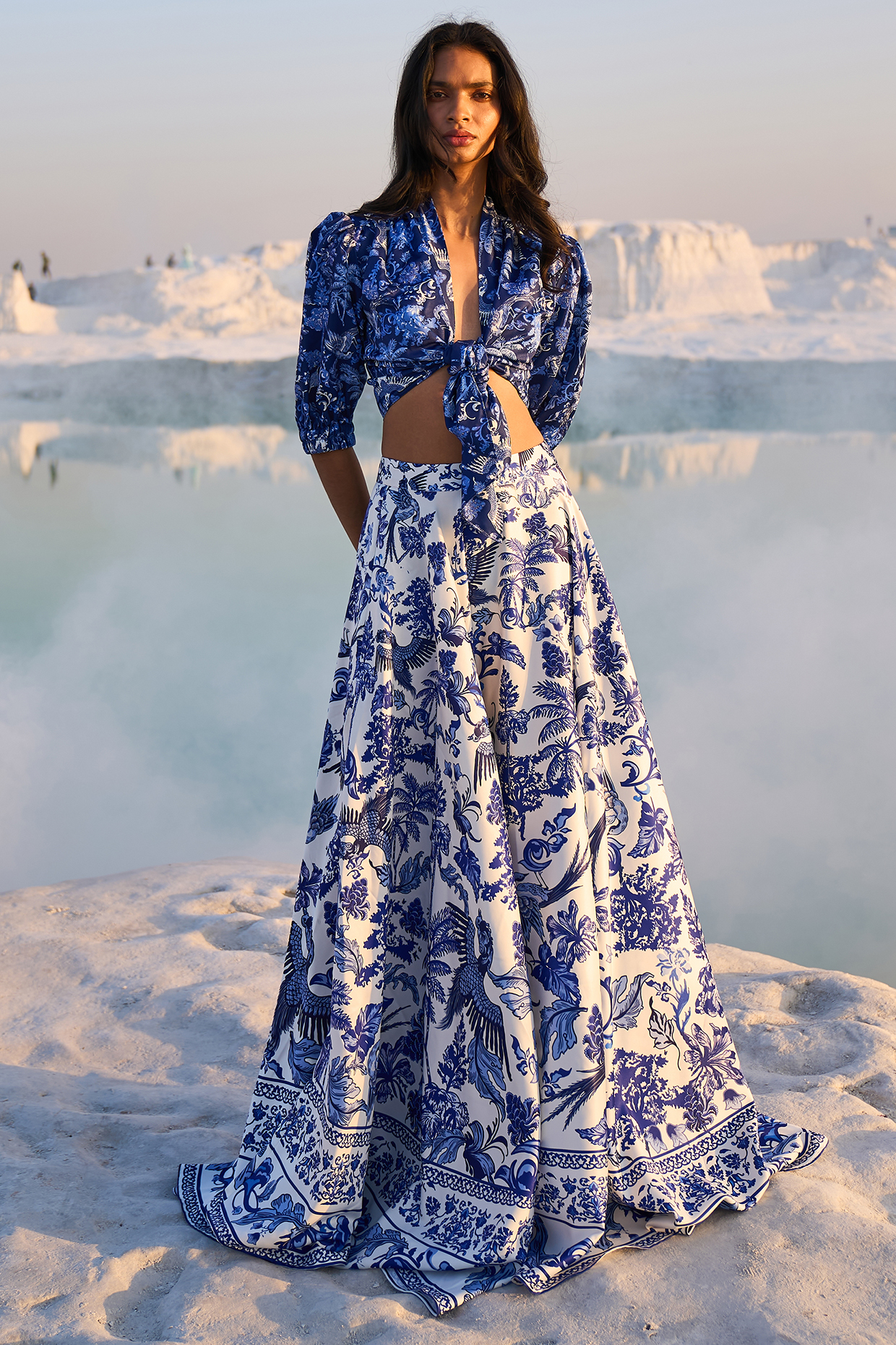 White Tencel Satin Printed Skirt Set by Dash and Dot at Pernia's Pop Up Shop
