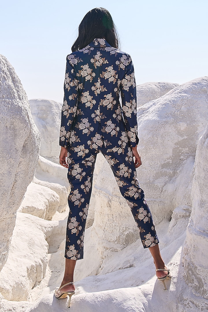Blue Brocade Floral Printed Blazer by Dash and Dot at Pernia's Pop Up Shop