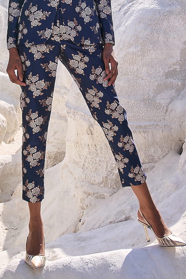 Blue Brocade Floral Printed Pants by Dash and Dot
