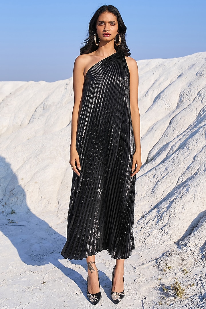 Black Shimmer One-Shoulder Maxi Dress by Dash and Dot