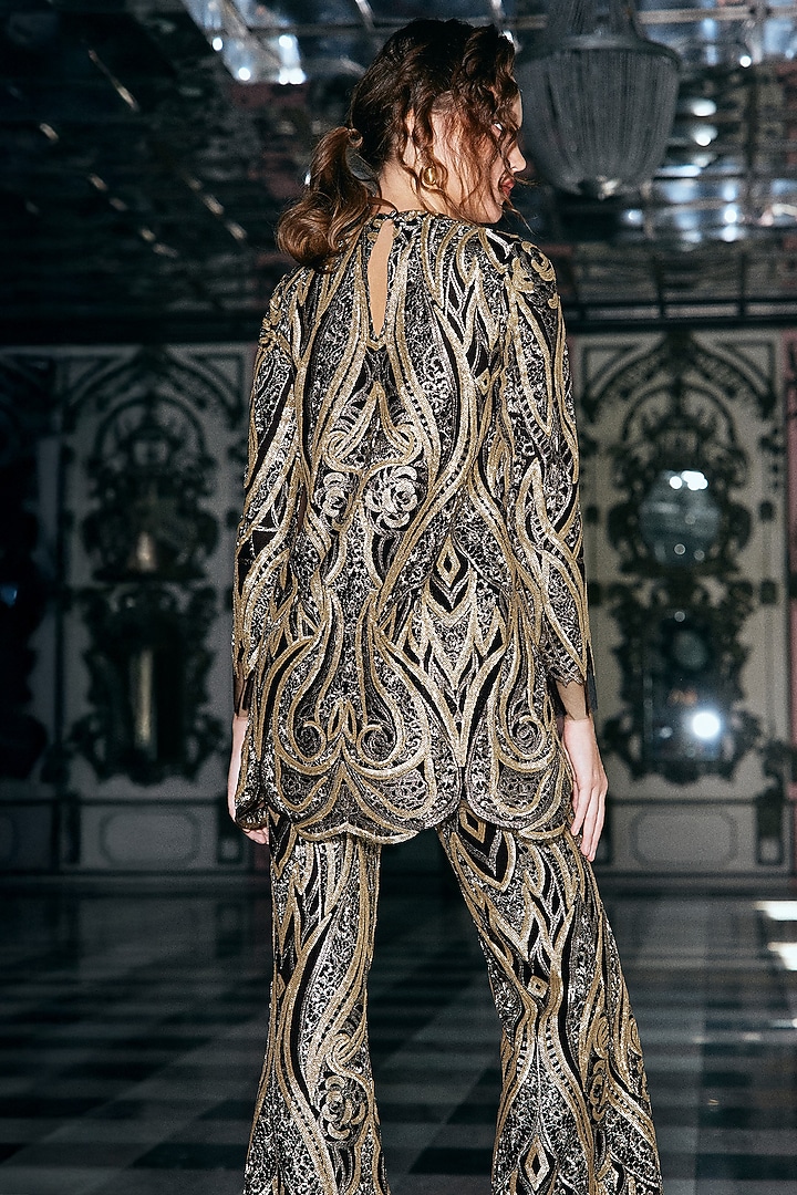 Black & Gold Recycled Polyester Embroidered Top by Dash and Dot at Pernia's Pop Up Shop