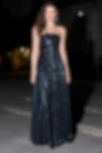 Black Recycled Polyester Embroidered Gown by Dash and Dot at Pernia's Pop Up Shop