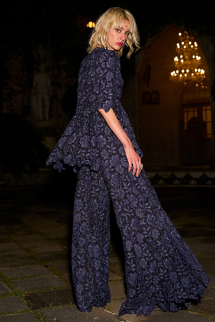 Navy Blue Polyester Embroidered Peplum Top by Dash and Dot at Pernia's Pop Up Shop