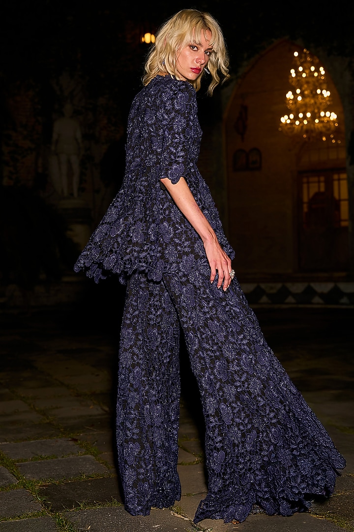 Navy Blue Polyester Flared Pants by Dash and Dot at Pernia's Pop Up Shop