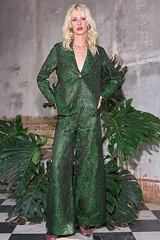 Black & Emerald Green Polyester Wide-Leg Pants by Dash and Dot