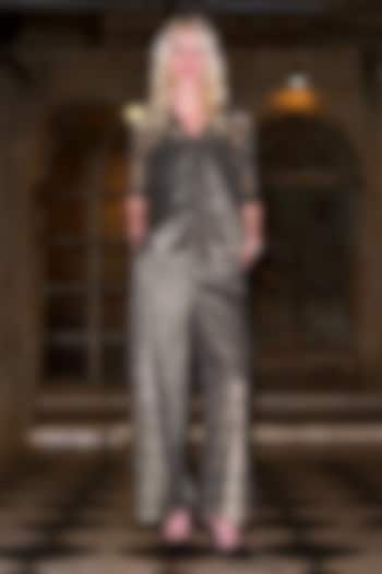 Black & Gold Polyester Thread Embroidered Wide-Leg Pants by Dash and Dot at Pernia's Pop Up Shop