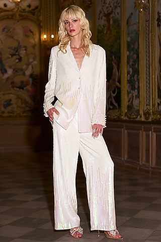 Ivory Ombre Polyester Sequins Hand Embellished Blazer by Dash and Dot