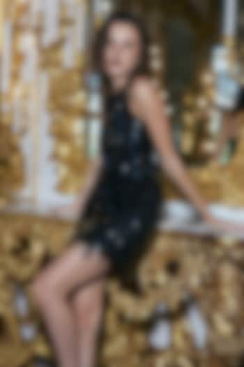 Black Recycled Polyester Fringed Mini Summer Dress by Dash and Dot at Pernia's Pop Up Shop