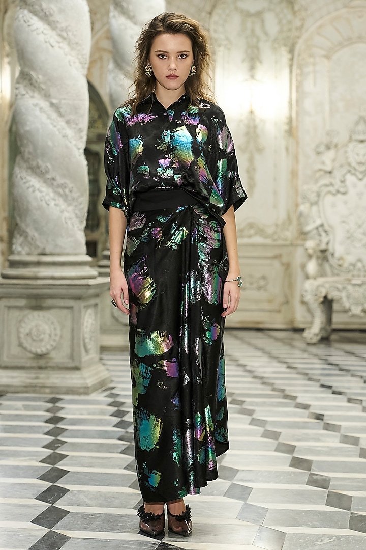 Black Recycled Polyester Foil Printed Draped Skirt Set by Dash and Dot at Pernia's Pop Up Shop