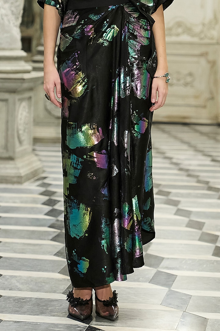 Black Recycled Polyester Foil Printed Draped Skirt Set by Dash and Dot at Pernia's Pop Up Shop