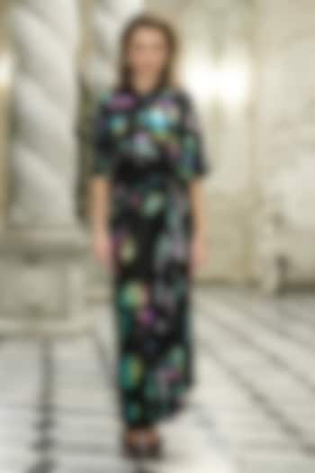 Black Recycled Polyester Foil Printed Draped Skirt by Dash and Dot at Pernia's Pop Up Shop