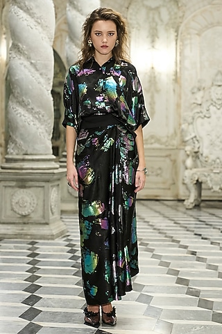 Black Recycled Polyester Foil Printed Draped Skirt by Dash and Dot