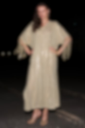 Ivory & Gold Polyester Mirror Embroidered Kaftan Summer Dress by Dash and Dot at Pernia's Pop Up Shop