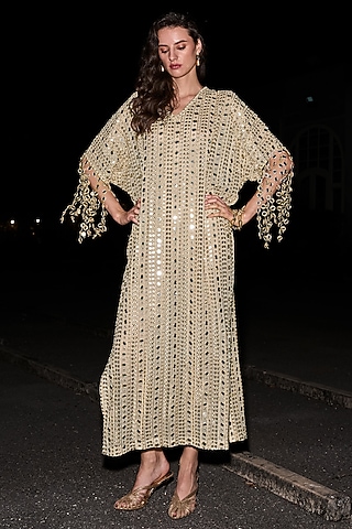 Ivory & Gold Polyester Mirror Embroidered Kaftan Dress by Dash and Dot