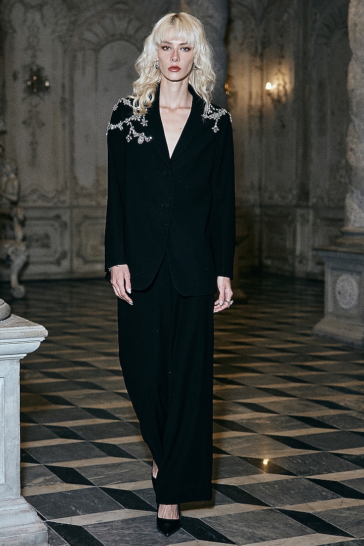Black Polyester Crystal Embellished Blazer Set by Dash and Dot at Pernia's Pop Up Shop