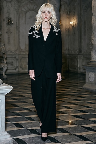 Black Polyester Crystal Embellished Blazer Set by Dash and Dot