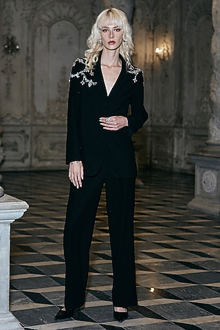 Black Polyester Straight Pants by Dash and Dot