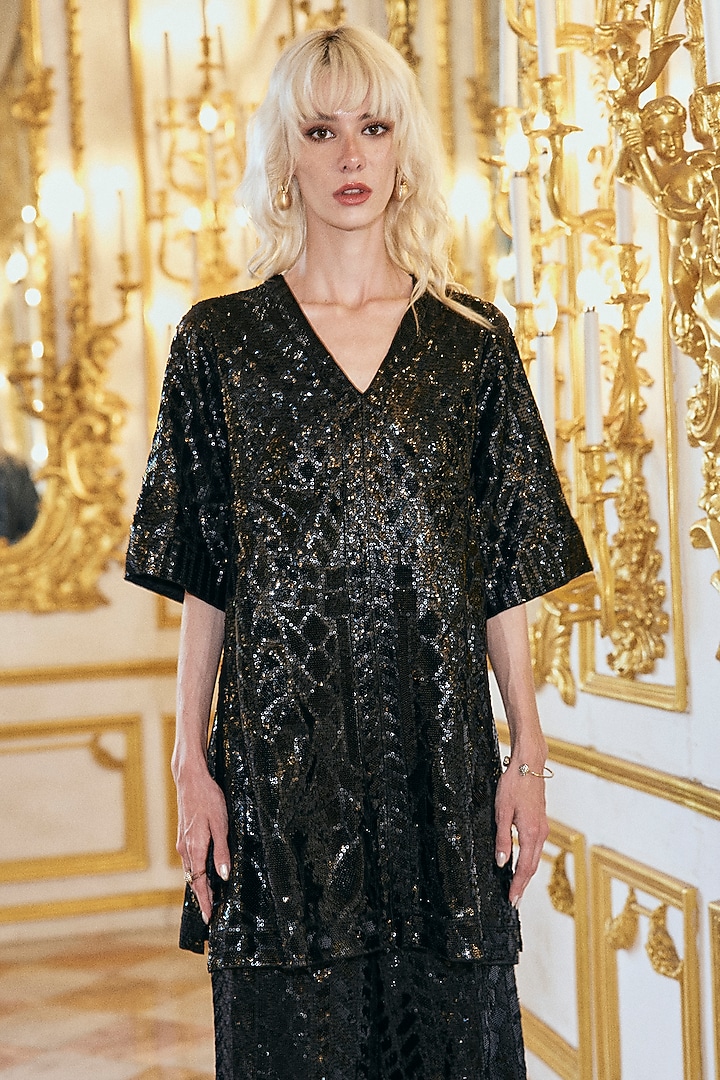 Black Polyester Sequins Embroidered Longline Top by Dash and Dot at Pernia's Pop Up Shop