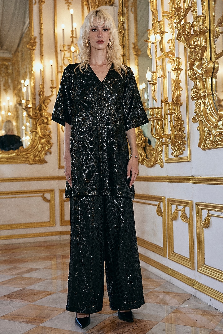 Black Polyester Sequins Embroidered Wide-Leg Pants by Dash and Dot at Pernia's Pop Up Shop