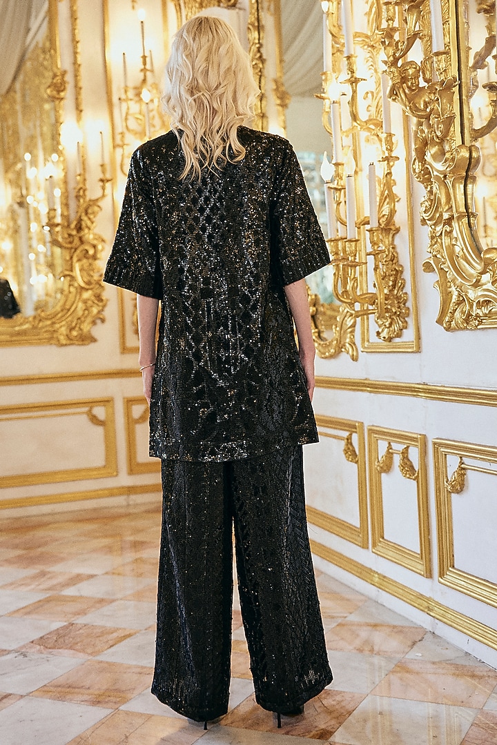 Black Polyester Sequins Embroidered Wide-Leg Pants by Dash and Dot at Pernia's Pop Up Shop
