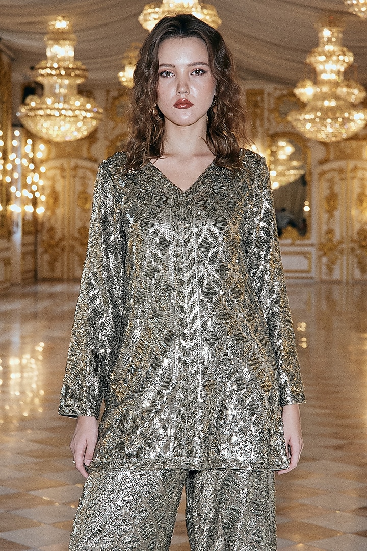 Pewter Polyester Sequins Embroidered Longline Top by Dash and Dot at Pernia's Pop Up Shop