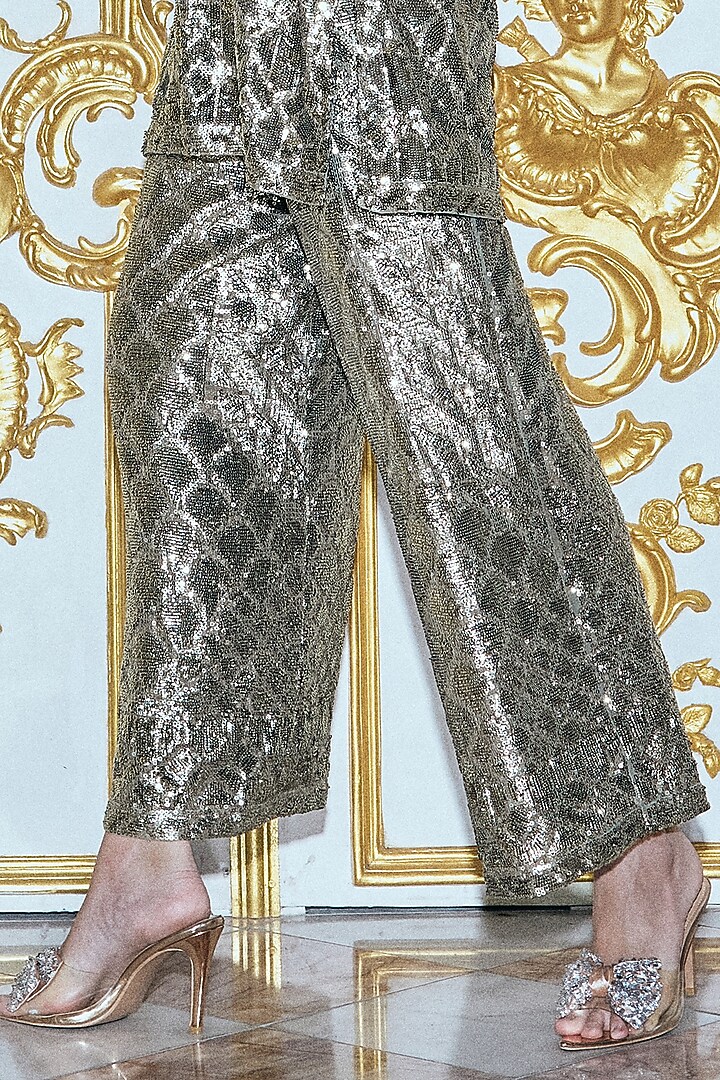Pewter Polyester Sequins Embroidered Wide-Leg Pants by Dash and Dot at Pernia's Pop Up Shop