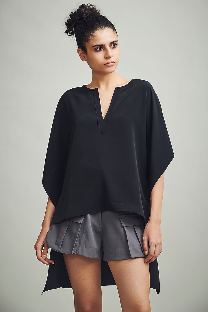 Black Polyester High-Low Kaftan Top by Dash and Dot at Pernia's Pop Up Shop