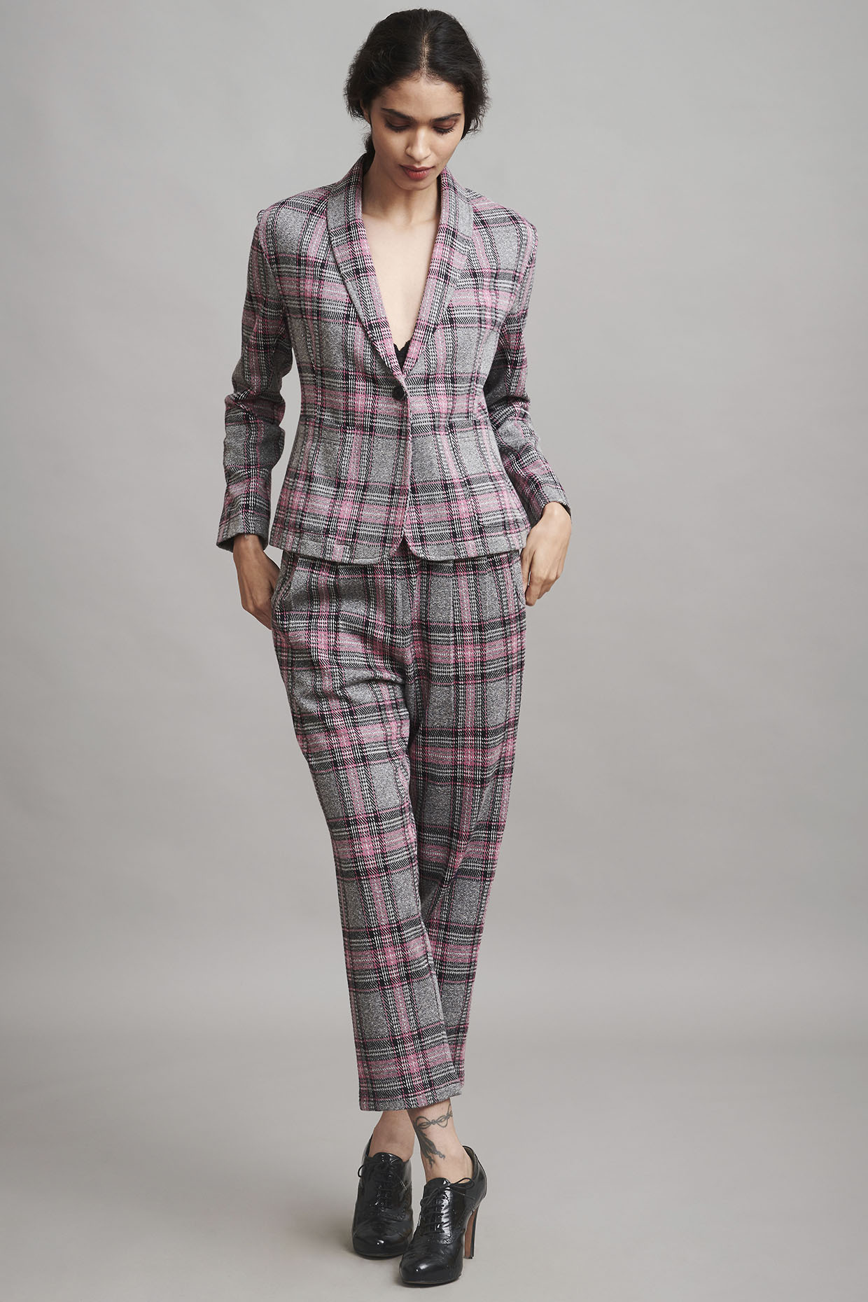 Blush Pink Blazer Set With Knitted Work 