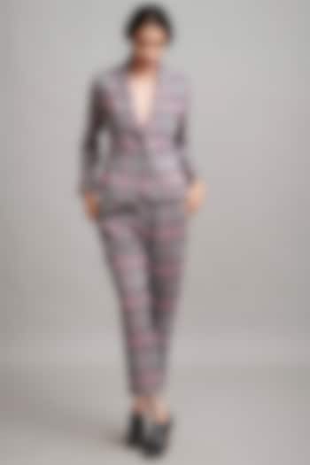 Grey & Blush Pink Blazer Set With Knitted Work by Dash and Dot at Pernia's Pop Up Shop