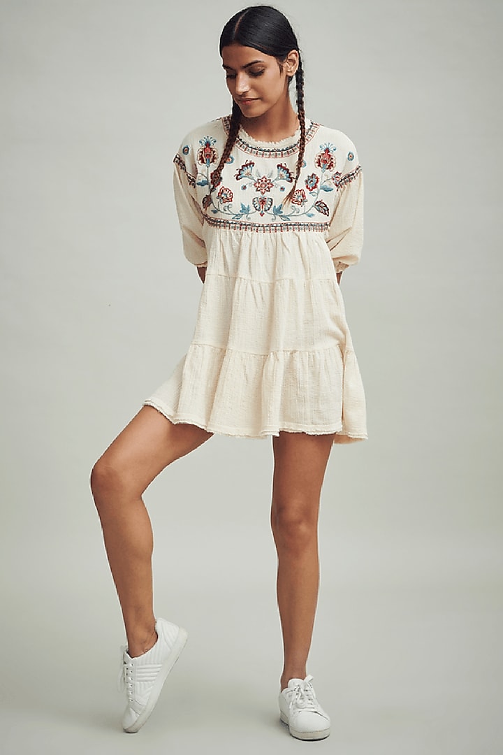 White Floral Embroidered Mini Dress by Dash and Dot
