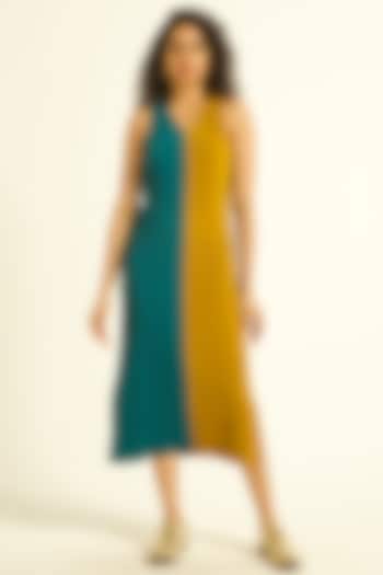 Teal Green & Mustard Color Blocked Midi Dress by Dash and Dot at Pernia's Pop Up Shop