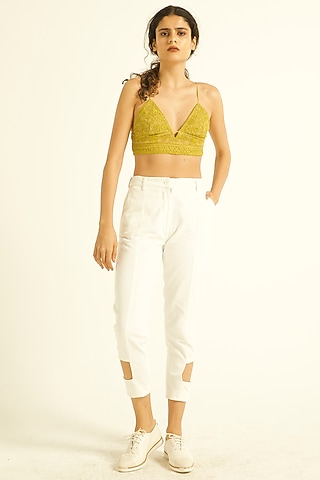 White Cotton Cropped Corduroy Pants by Dash and Dot