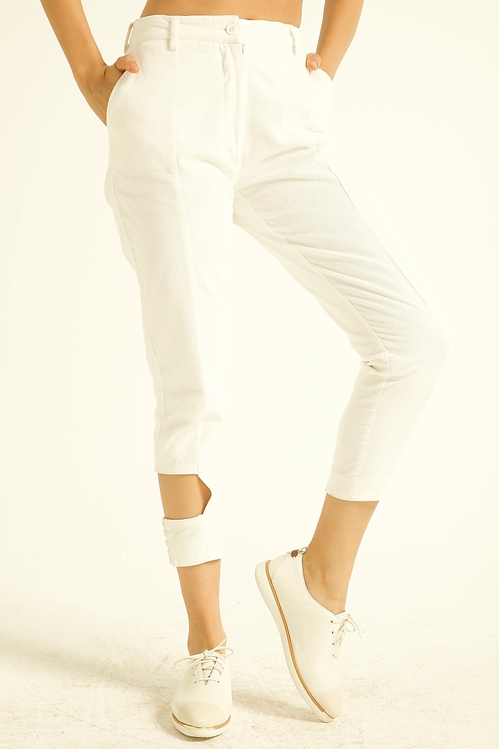 White Cotton Cropped Corduroy Pants by Dash and Dot at Pernia's Pop Up Shop