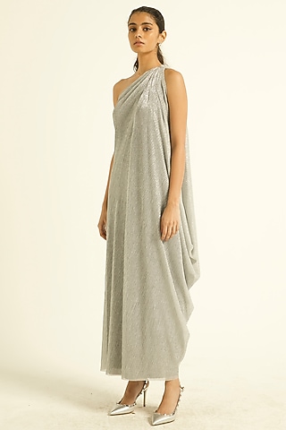 Silver Polyester & Elastane One-Shoulder Maxi Dress by Dash and Dot
