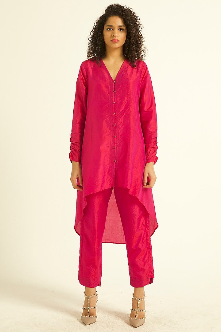 Candy Pink Silk Straight Pant Set by Dash and Dot