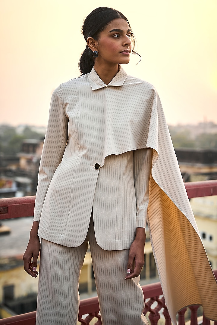 Ivory Polyester & Spandex Striped Blazer by Dash and Dot at Pernia's Pop Up Shop